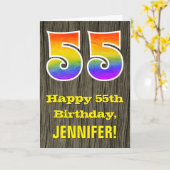 55誕生日:素朴ウッドルックフェイク、虹"55" カード (黄色い花)