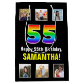 55誕生日: Rainbow "55"，写真カスタムと名前 ミディアムペーパーバッグ (正面)