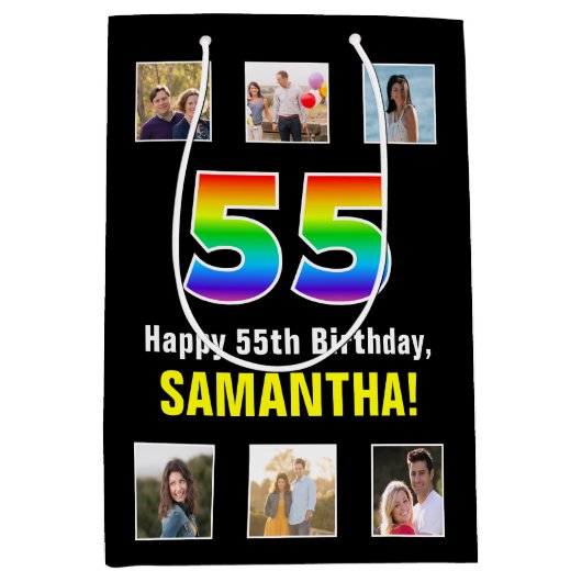 55誕生日: Rainbow "55"，写真カスタムと名前 ミディアムペーパーバッグ (正面)