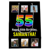 55誕生日: Rainbow "55"，写真カスタムと名前 ミディアムペーパーバッグ (裏面)