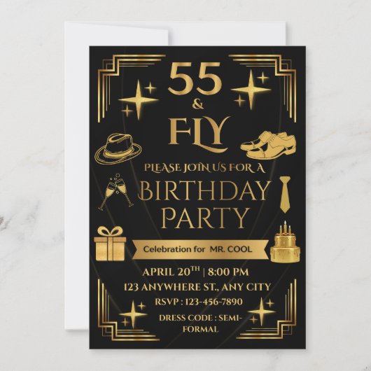 55 & FLY 5X7 CORNERED STYLE MEN'S BIRTHDAY PARTY 招待状 (正面)