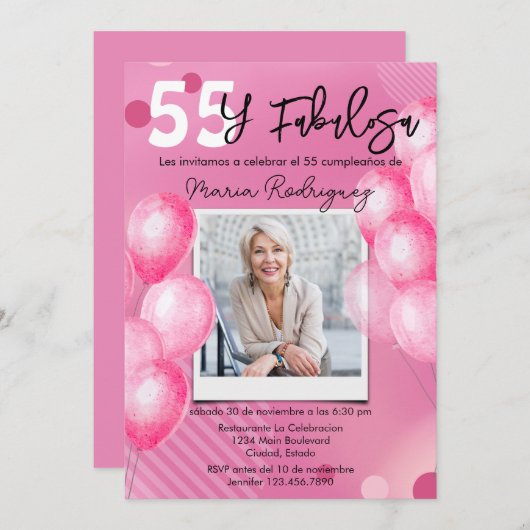 55 yファブローザピンクスペインのフォト55誕生日 招待状 (正面/裏面)