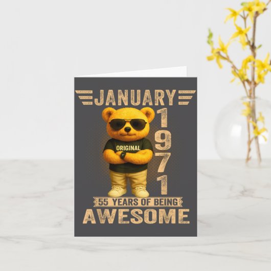 55 Year Old January 1971 Teddy Bear 55th Birthday  カード (黄色い花)