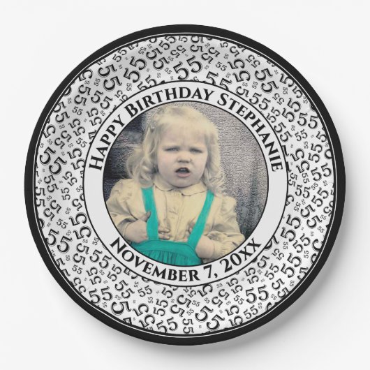 55 Your Photo Random Number Pattern Black/White ペーパープレート (正面)