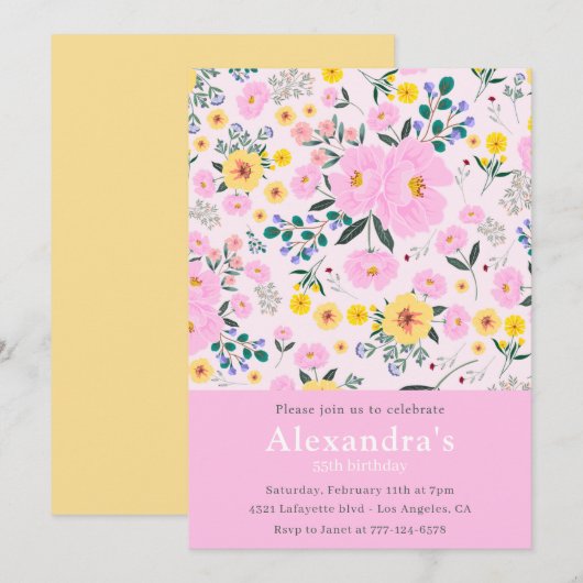 55thモダン誕生日招待状ボホーフローラシック 招待状 (正面/裏面)