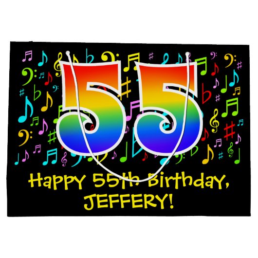 55th誕生日-カラフル音楽シンボル、レインボー55 ラージペーパーバッグ (裏面)