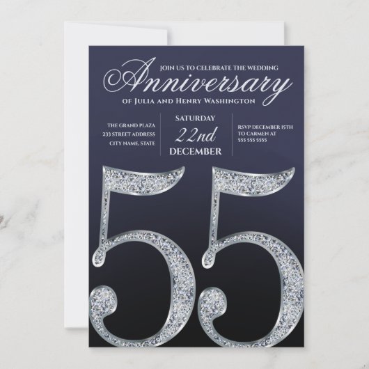 55th Anniversary Diamond Silver Navy Blue Modern 招待状 (正面)