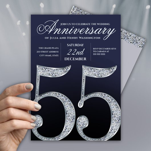 55th Anniversary Diamond Silver Navy Blue Modern 招待状