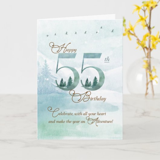 55th Birthday Evergreen Pines and Deer Nature カード (黄色い花)