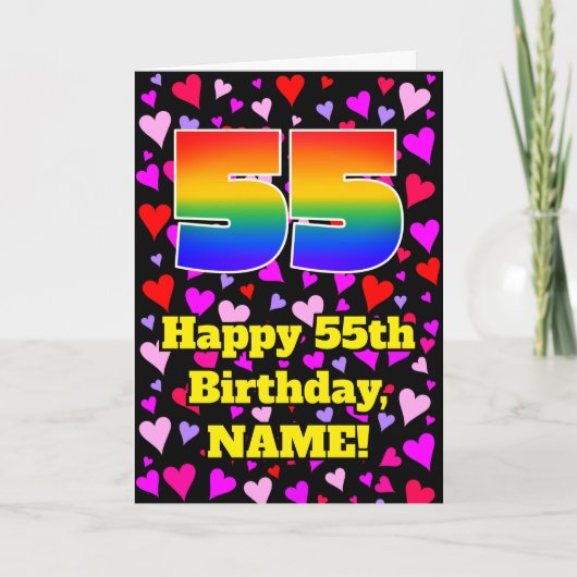 55th Birthday: Loving Hearts Pattern, Rainbow # 55 カード (正面)