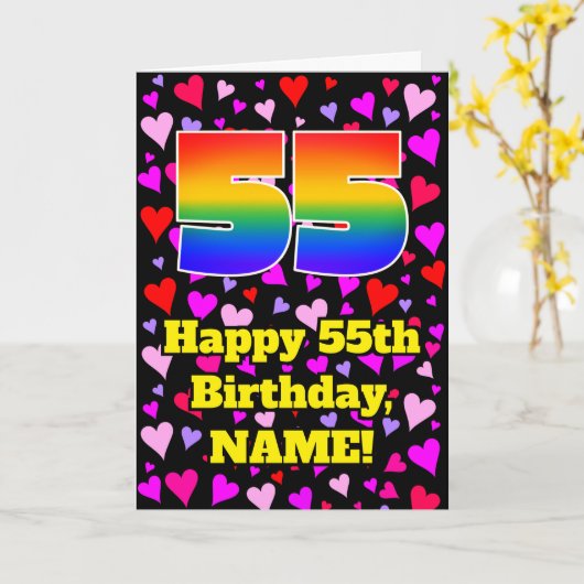 55th Birthday: Loving Hearts Pattern, Rainbow # 55 カード (黄色い花)