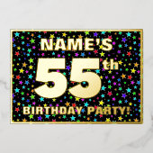 55th Birthday Party —おもしろいカラフル、Stars Pattern 箔招待状 (正面)