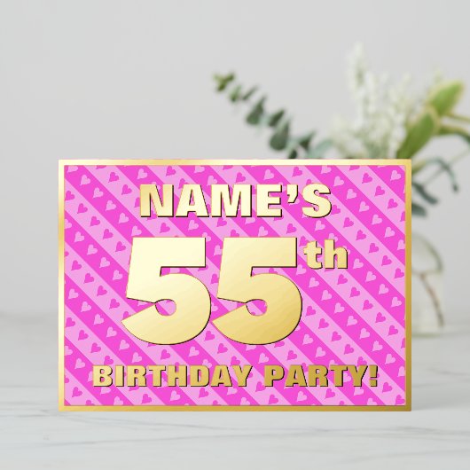 55th Birthday Party —おもしろいピンクのハートとストライプ 箔招待状 (立ち正面)