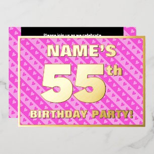55th Birthday Party —おもしろいピンクのハートとストライプ 箔招待状