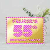 55th Birthday Party — はっきりした、おもしろい、ピンクストライプ色55 箔招待状 (立ち正面)