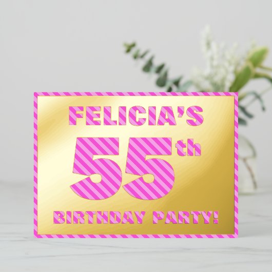 55th Birthday Party — はっきりした、おもしろい、ピンクストライプ色55 箔招待状 (立ち正面)