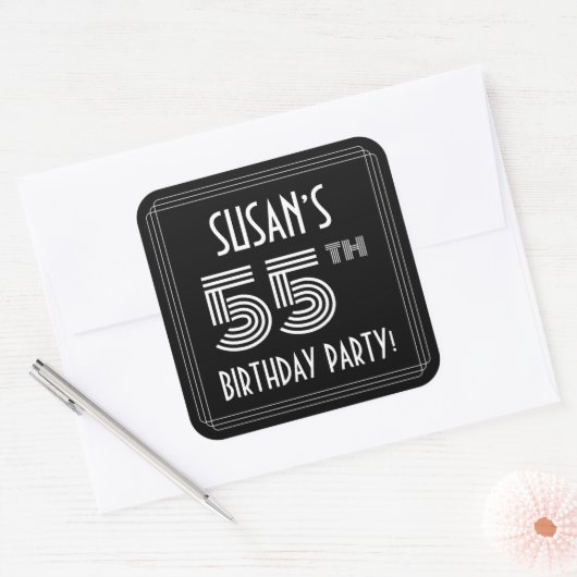 55th Birthday Party:アールデコスタイルと名前をカスタムする スクエアシール (封筒)