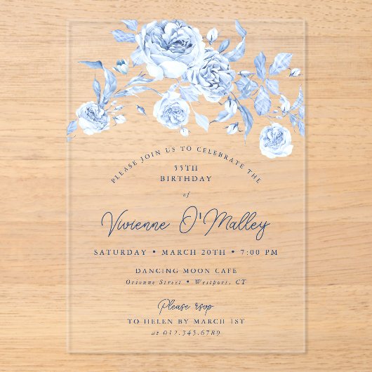 55th Birthday Party Dusty Blue Floral アクリル招待状 (正面)