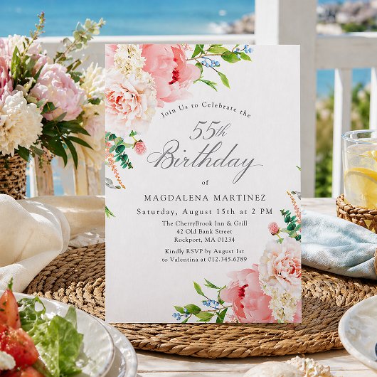 55th Birthday Party Feminine Pink Roses Floral 招待状