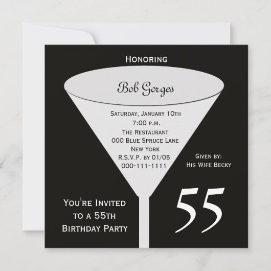 55th Birthday Party Invitation 55 in Black 招待状 (正面)