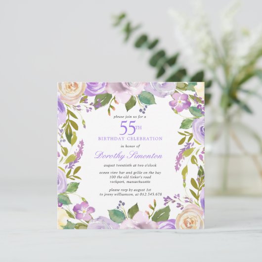 55th Birthday Pretty Purple Floral Invitation 招待状 (スタンド正面)