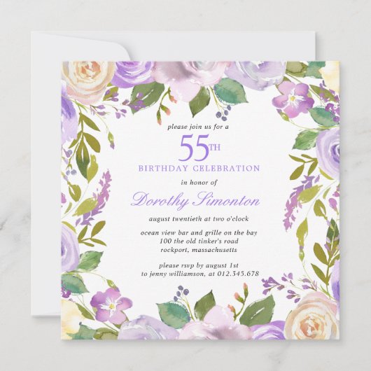 55th Birthday Pretty Purple Floral Invitation 招待状 (正面)