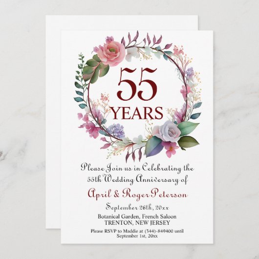 55th Emerald Wedding Anniversary Floral 招待状 (正面/裏面)