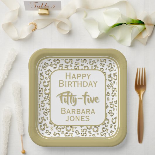 55th Party Random Number Pattern Gold/White ペーパープレート (ウェディング)