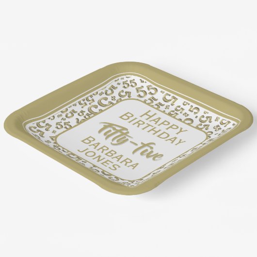 55th Party Random Number Pattern Gold/White ペーパープレート (傾斜あり)