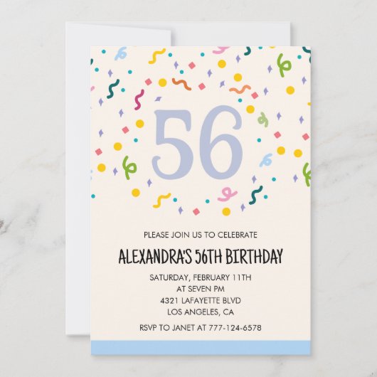 56シンプル歳の誕生日招待状紙吹雪モダン 招待状 (正面)