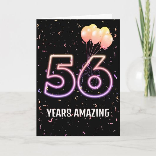 56歳の誕生日バルーンとコンフェティ カード (正面)