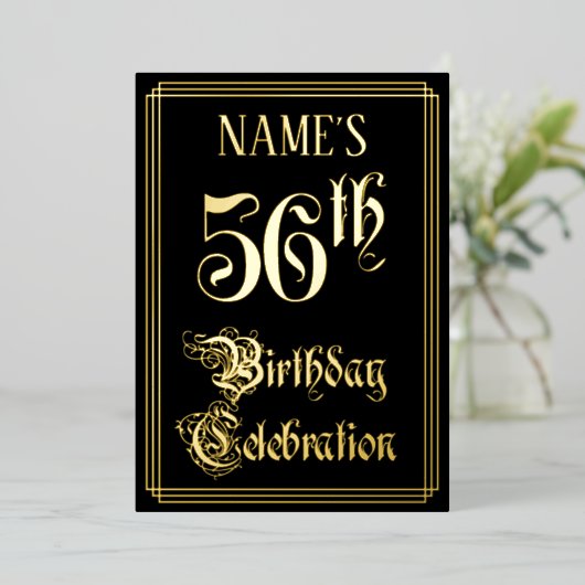56歳の誕生日パーティー - ファンシーな筆記体とカスタム名 箔招待状 (立ち正面)