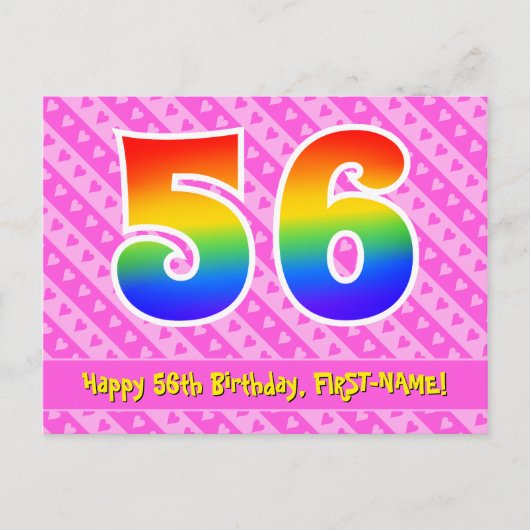 56歳の誕生日:ピンクのストライプとハート、虹色の56 ポストカード (正面)