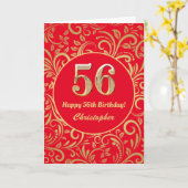 56歳の誕生日 赤と金の花柄 カード (黄色い花)