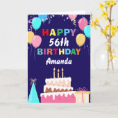 56歳の誕生日 風船 ケーキ ネイビーブルー カード (黄色い花)