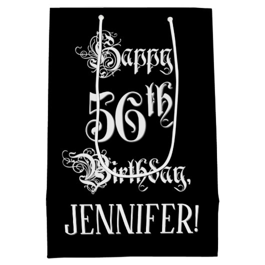 56番目の誕生日: ファンシー、スクリプエレガントト+名前をカスタムする ミディアムペーパーバッグ (裏面)