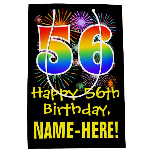 56誕生日:おもしろい花火パターン+虹56 ミディアムペーパーバッグ (正面)