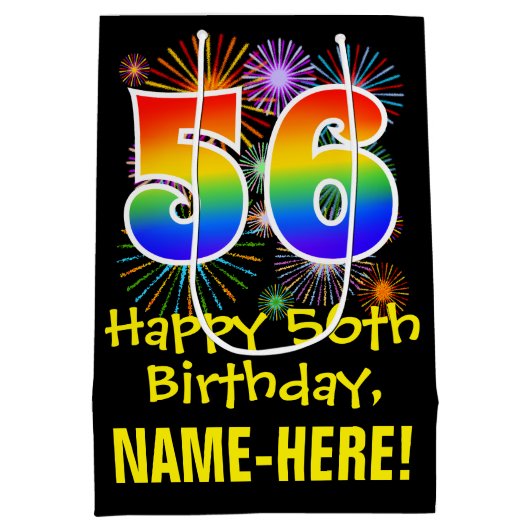 56誕生日:おもしろい花火パターン+虹56 ミディアムペーパーバッグ (裏面)