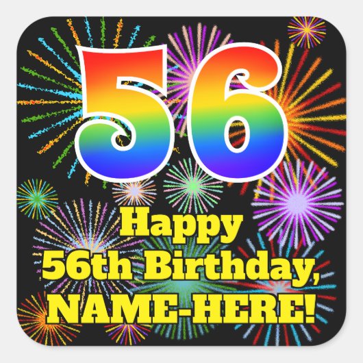 56誕生日:おもしろい花火ルック、虹# 56 スクエアシール (正面)