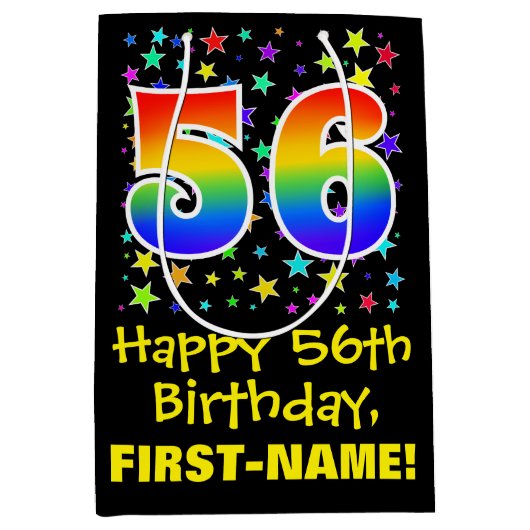 56誕生日:カラフルスターズパターン&レインボー56 ミディアムペーパーバッグ (正面)