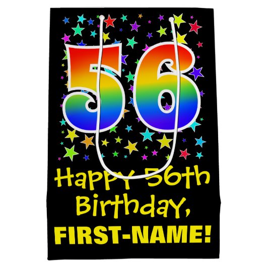 56誕生日:カラフルスターズパターン&レインボー56 ミディアムペーパーバッグ (裏面)