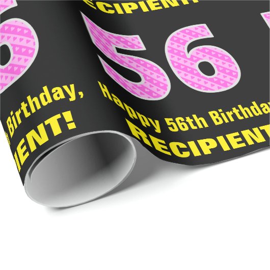 56誕生日:ピンクストライプのハートと56" +名前 ラッピングペーパー (ロールコーナー)