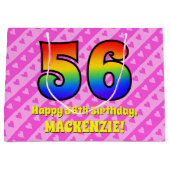 56誕生日：ピンクストライプのハート、レインボー# 56 ラージペーパーバッグ (正面)