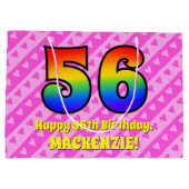 56誕生日：ピンクストライプのハート、レインボー# 56 ラージペーパーバッグ (裏面)