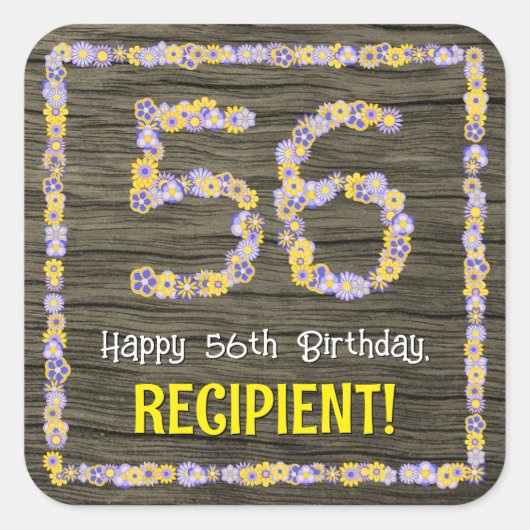 56誕生日:フローラ番号フェイク、木目、名前 スクエアシール (正面)