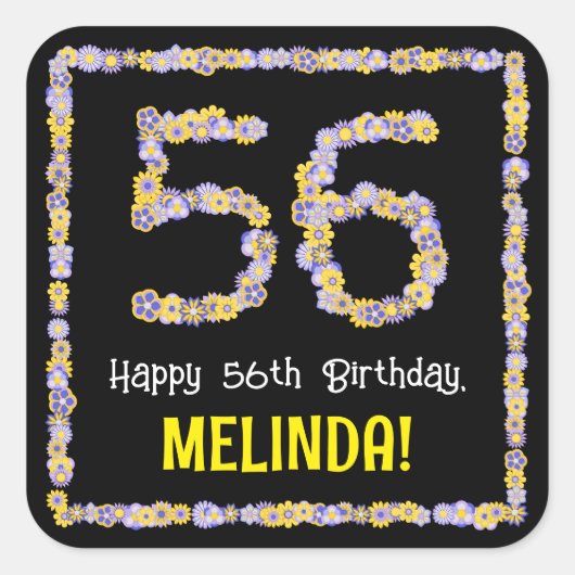 56誕生日:フローラ花数名前をカスタムする スクエアシール (正面)