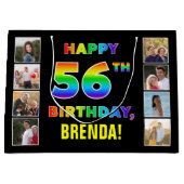 56誕生日：レインボー文字カスタム、写真&名前 ラージペーパーバッグ (正面)