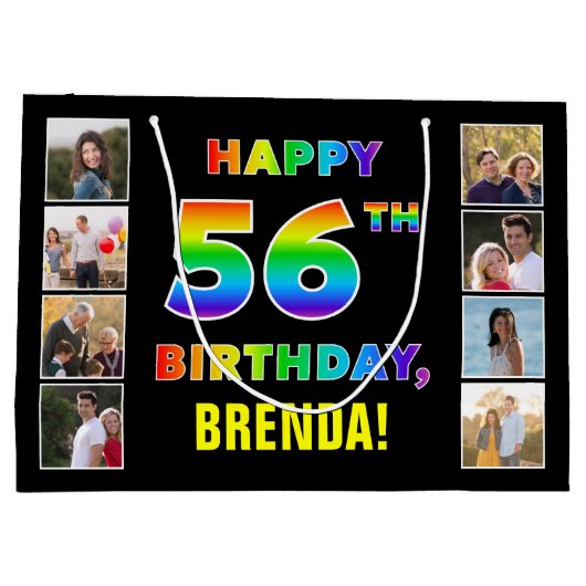 56誕生日：レインボー文字カスタム、写真&名前 ラージペーパーバッグ (裏面)