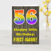 56誕生日:素朴ウッドルックフェイク、レインボー"56" カード (黄色い花)