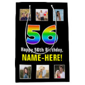 56誕生日: Rainbow "56"，写真カスタムと名前 ミディアムペーパーバッグ (正面)